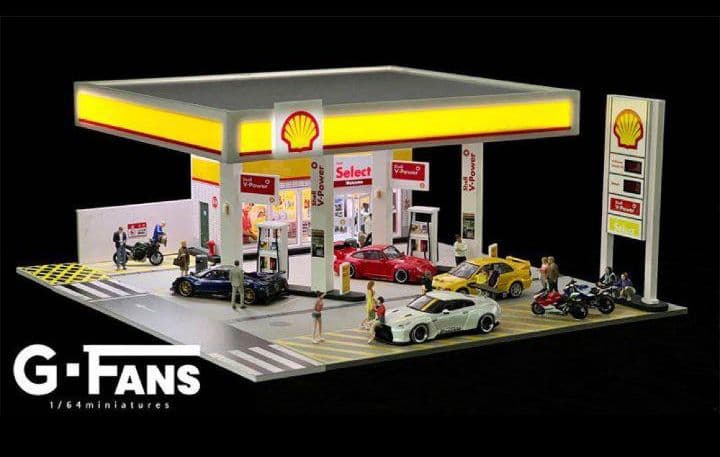 ◉1/64ジオラマ2点セット【シェルGS➕日産ショールーム】（LED付）《新品》