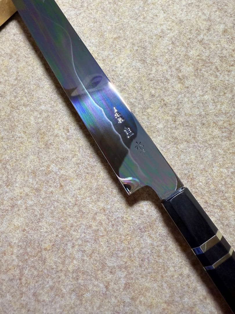 池田美和　蛸引 先丸　水本焼　白一鋼　富士山 全鏡面 尺二寸　黒檀水牛八角柄