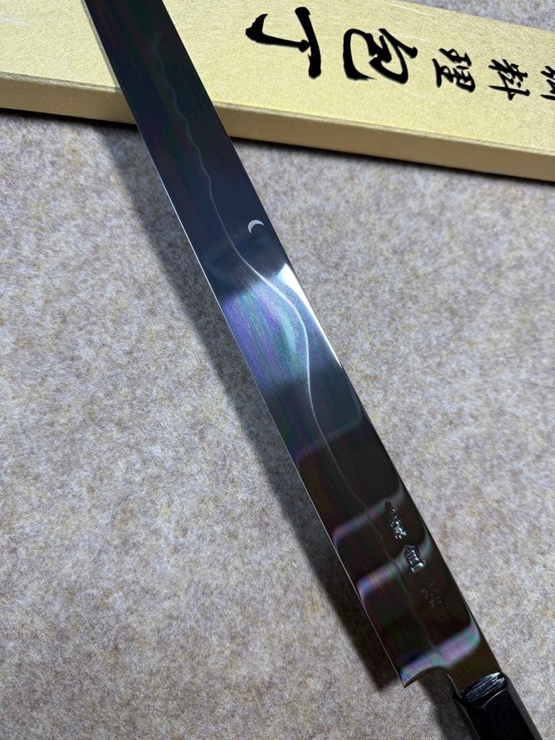 池田美和　蛸引 先丸　水本焼　白一鋼　富士山 全鏡面 尺二寸　黒檀水牛八角柄