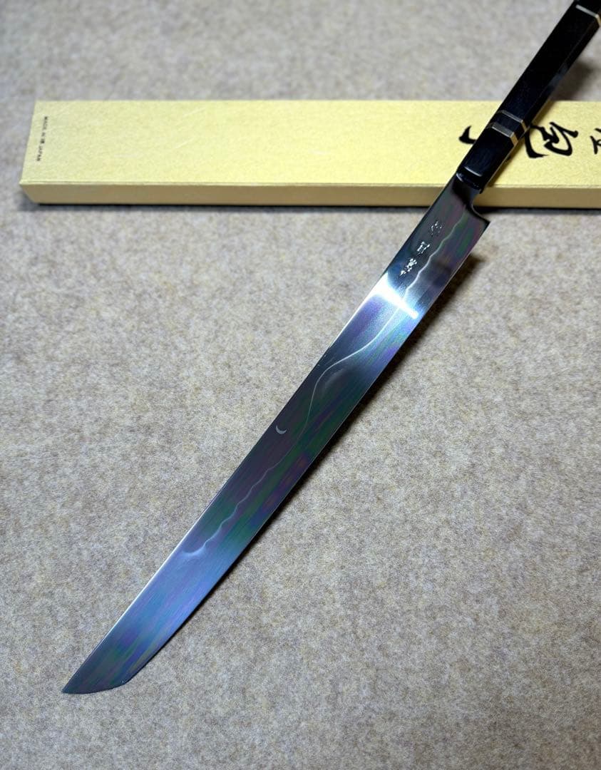 池田美和　蛸引 先丸　水本焼　白一鋼　富士山 全鏡面 尺二寸　黒檀水牛八角柄