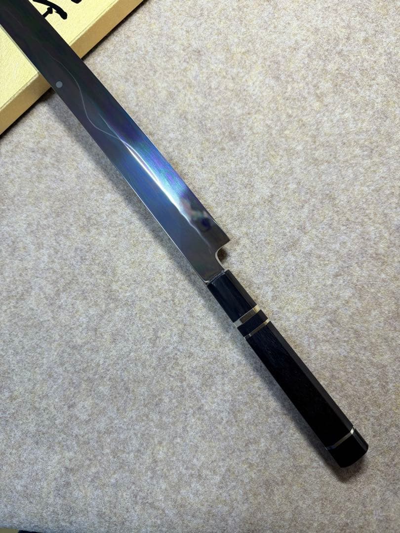 池田美和　蛸引 先丸　水本焼　白一鋼　富士山 全鏡面 尺二寸　黒檀水牛八角柄