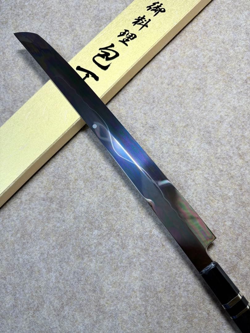 池田美和　蛸引 先丸　水本焼　白一鋼　富士山 全鏡面 尺二寸　黒檀水牛八角柄