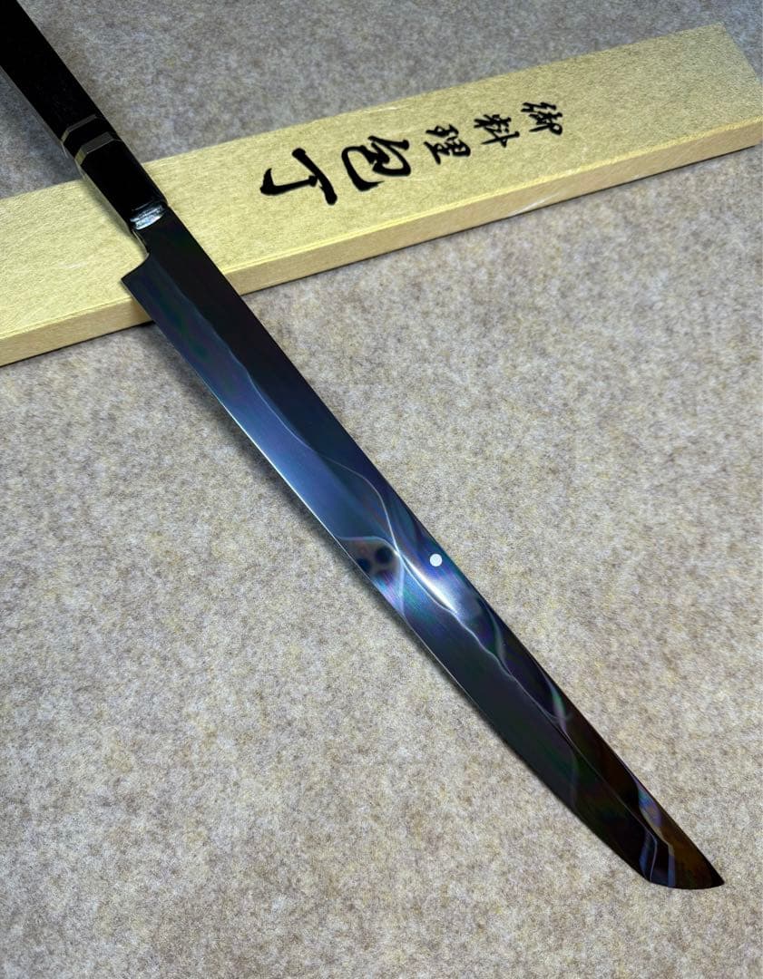 池田美和　蛸引 先丸　水本焼　白一鋼　富士山 全鏡面 尺二寸　黒檀水牛八角柄