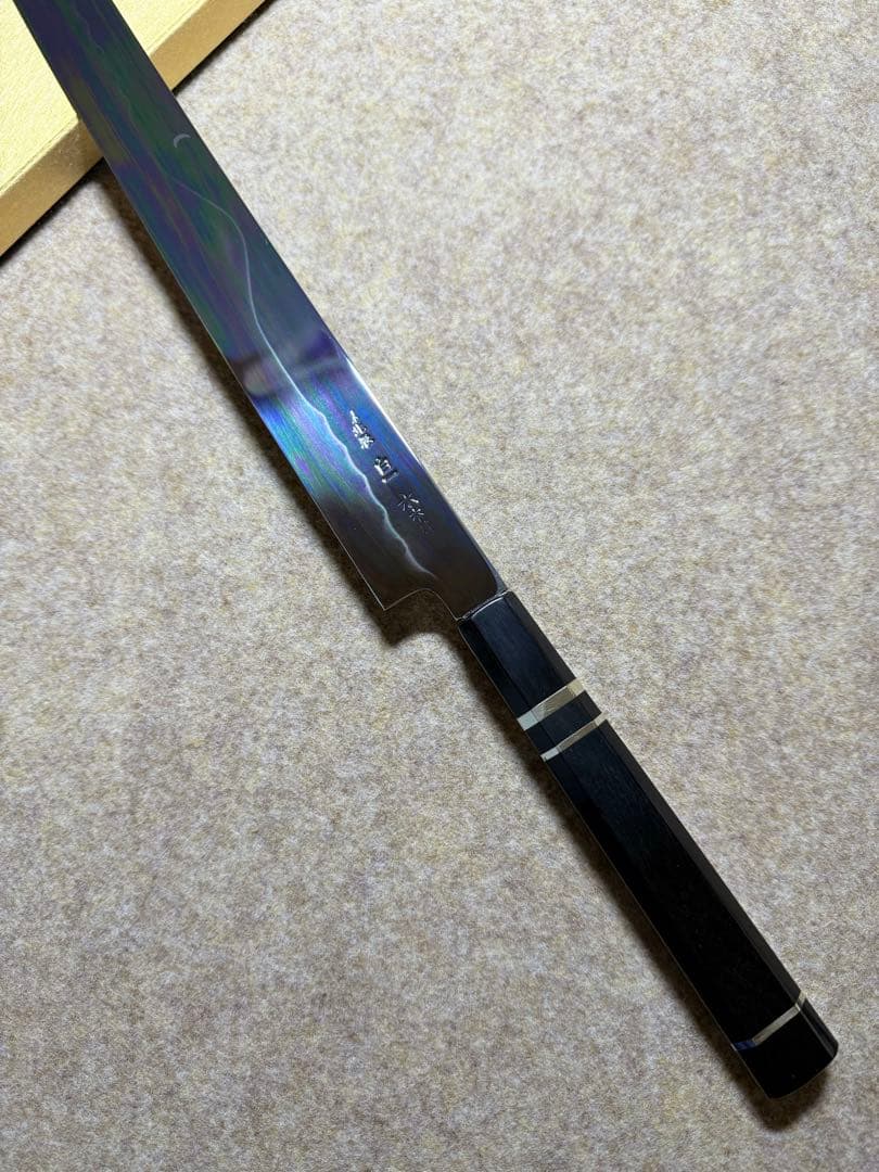 池田美和　蛸引 先丸　水本焼　白一鋼　富士山 全鏡面 尺二寸　黒檀水牛八角柄