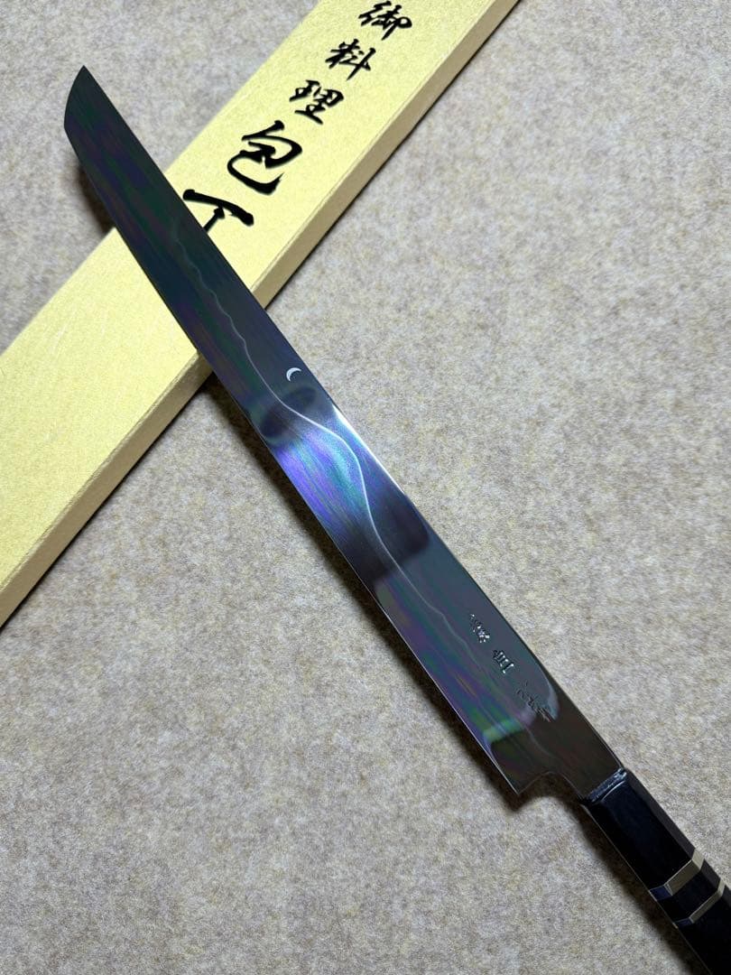 池田美和　蛸引 先丸　水本焼　白一鋼　富士山 全鏡面 尺二寸　黒檀水牛八角柄