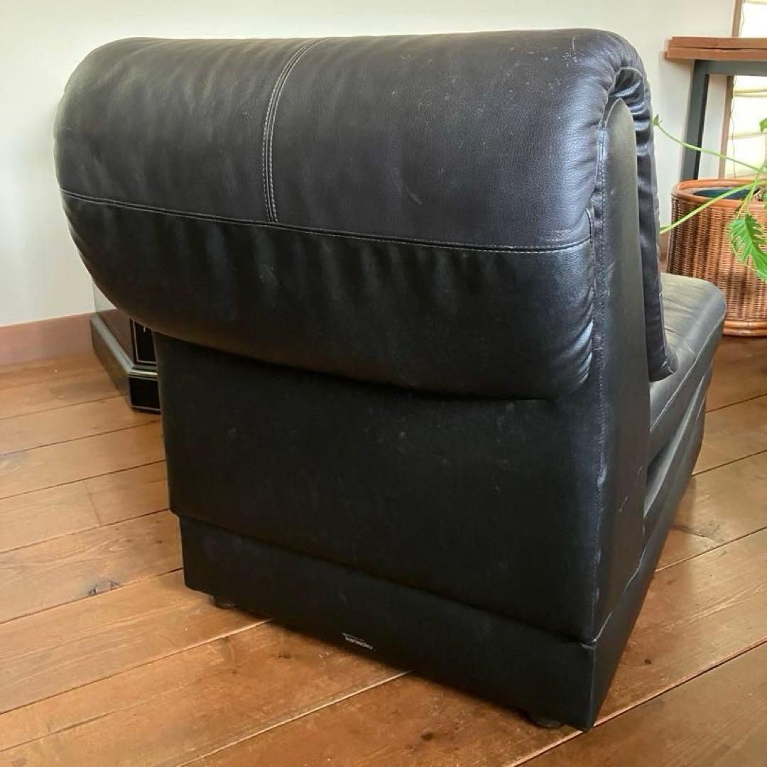 カリモク1人用レザーソファ 黒 中古家具 昭和レトロ