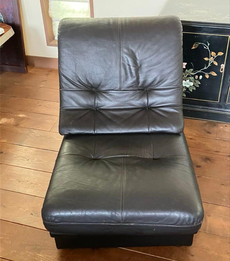 カリモク1人用レザーソファ 黒 中古家具 昭和レトロ