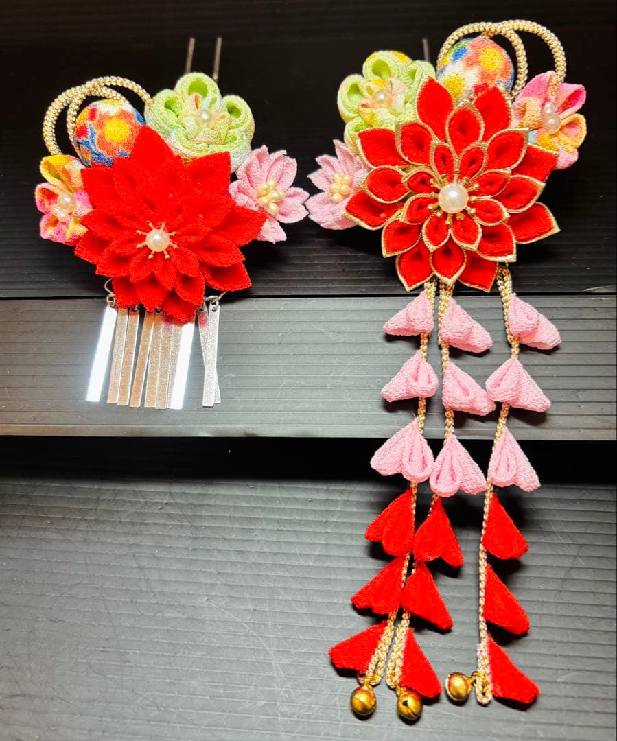七五三髪飾りセット つまみ細工 パステルカラー 朱色×桜色 7-37