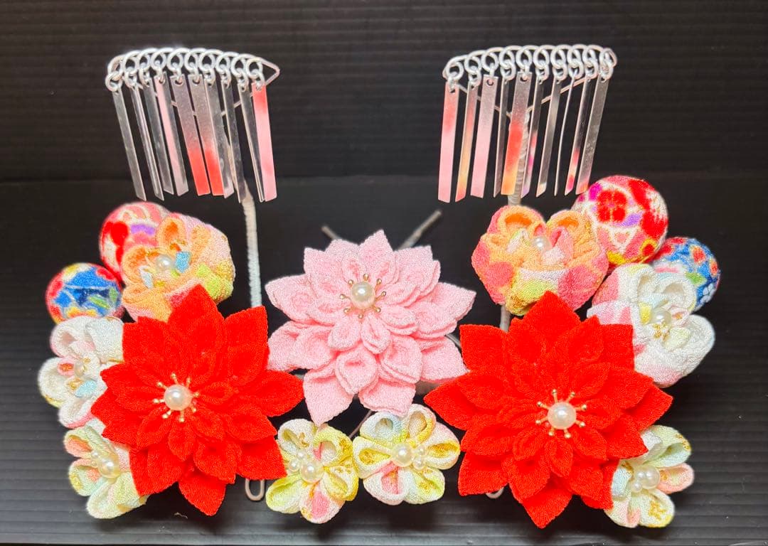 七五三髪飾りセット つまみ細工 パステルカラー 朱色×桜色 7-37