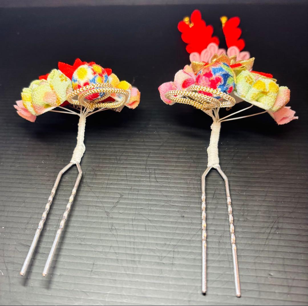 七五三髪飾りセット つまみ細工 パステルカラー 朱色×桜色 7-37