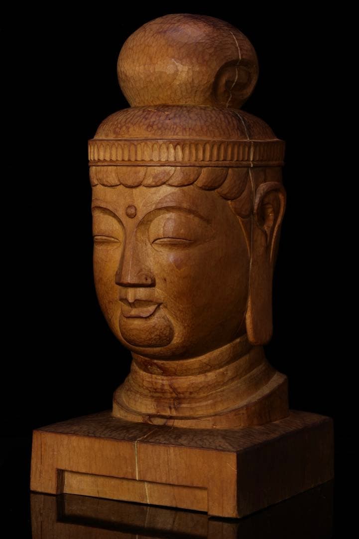木彫『菩薩頭部』 共箱 高さ35cm 観音菩薩 仏像 頭 一刀彫 彫刻 仏教美術