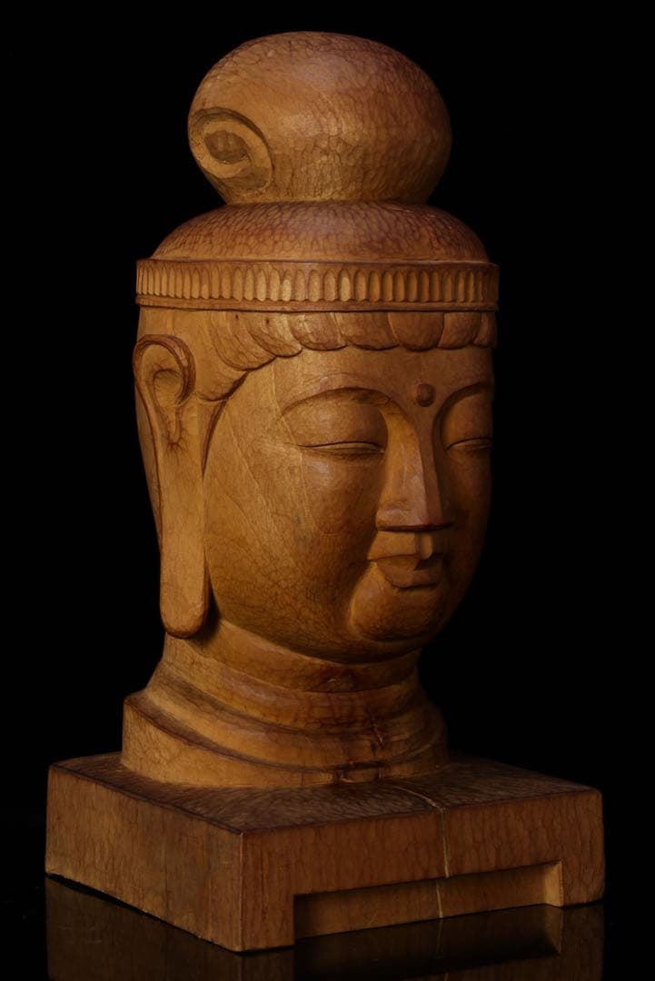 木彫『菩薩頭部』 共箱 高さ35cm 観音菩薩 仏像 頭 一刀彫 彫刻 仏教美術