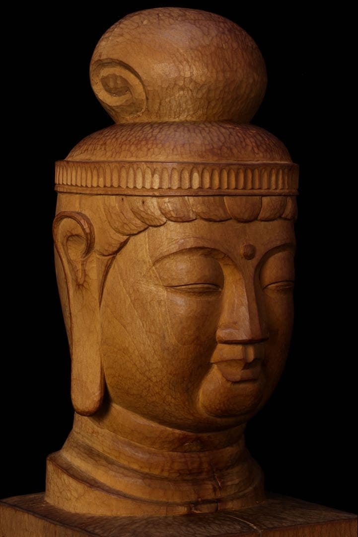 木彫『菩薩頭部』 共箱 高さ35cm 観音菩薩 仏像 頭 一刀彫 彫刻 仏教美術