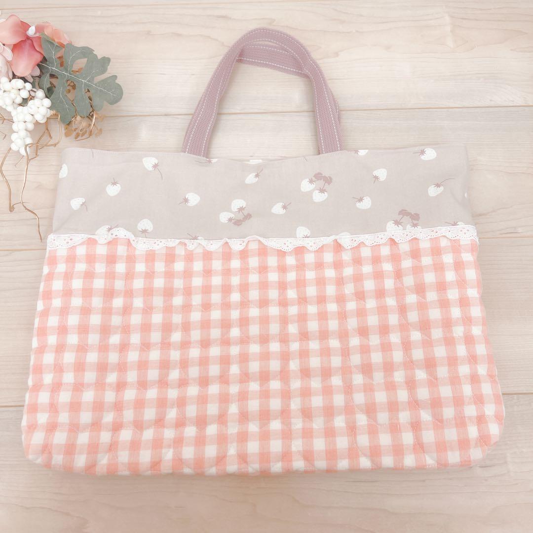 入園入学セット　女の子　いちご柄　レース　ピンク　チェック　ハンドメイド　5点