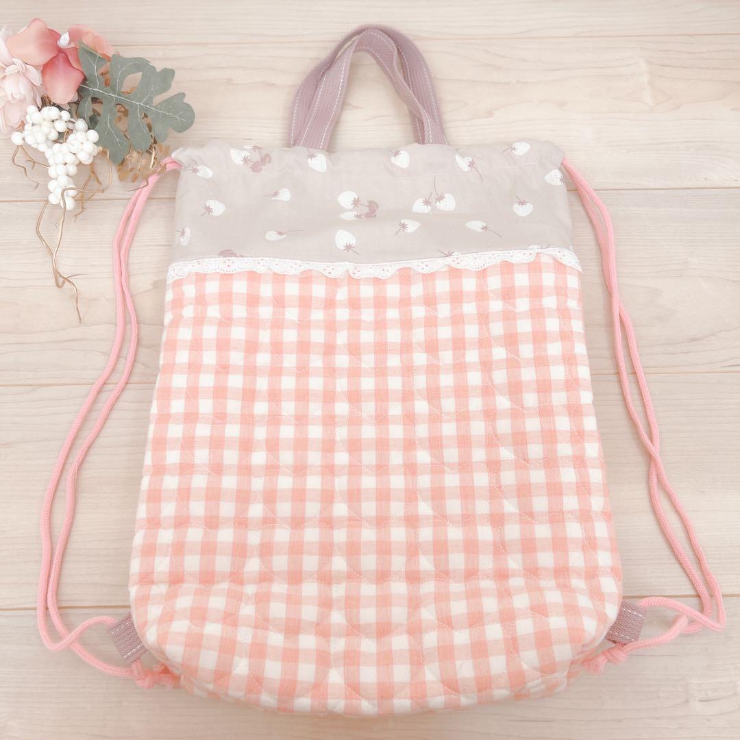 入園入学セット　女の子　いちご柄　レース　ピンク　チェック　ハンドメイド　5点