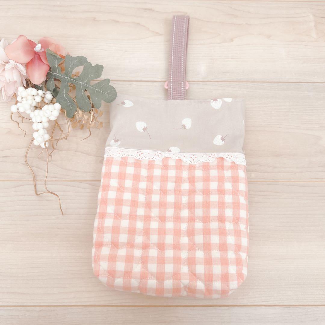 入園入学セット　女の子　いちご柄　レース　ピンク　チェック　ハンドメイド　5点