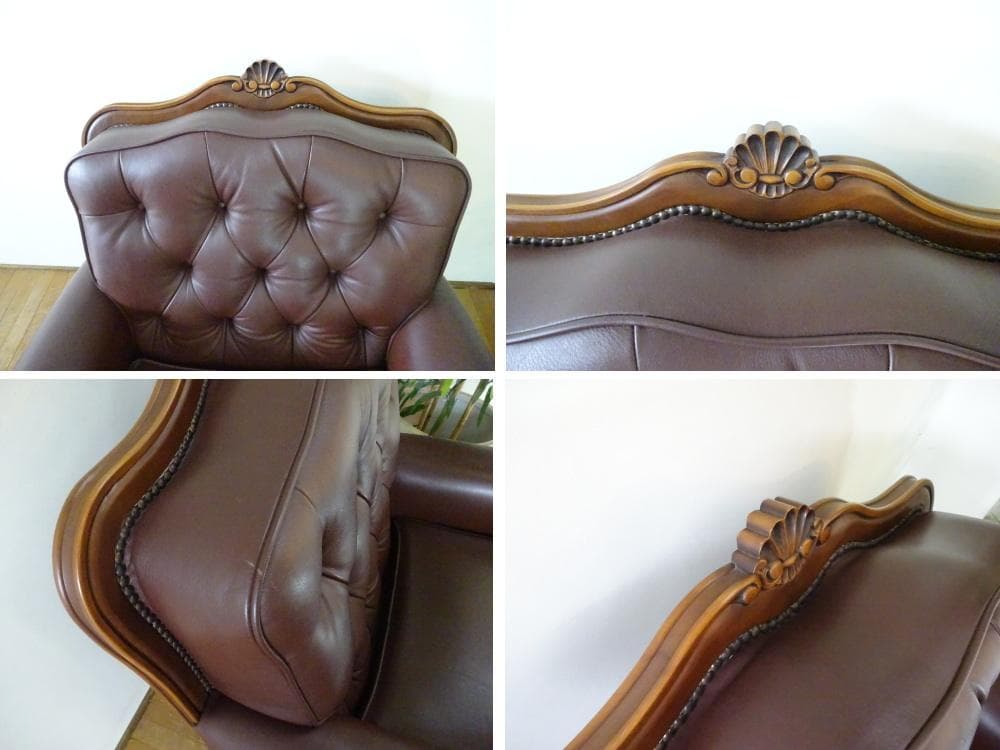 カリモク　ルイ15様式　本革　鋲打ち　猫脚　シングルソファ　美品　②