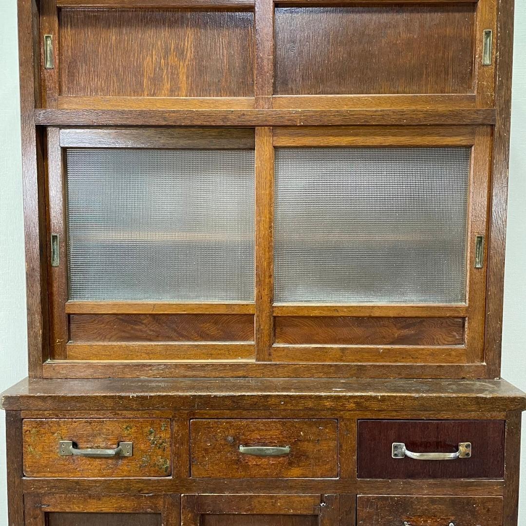 ヴィンテージ チェッカーガラス 食器棚 水屋箪笥 飾り棚 収納棚 和家具