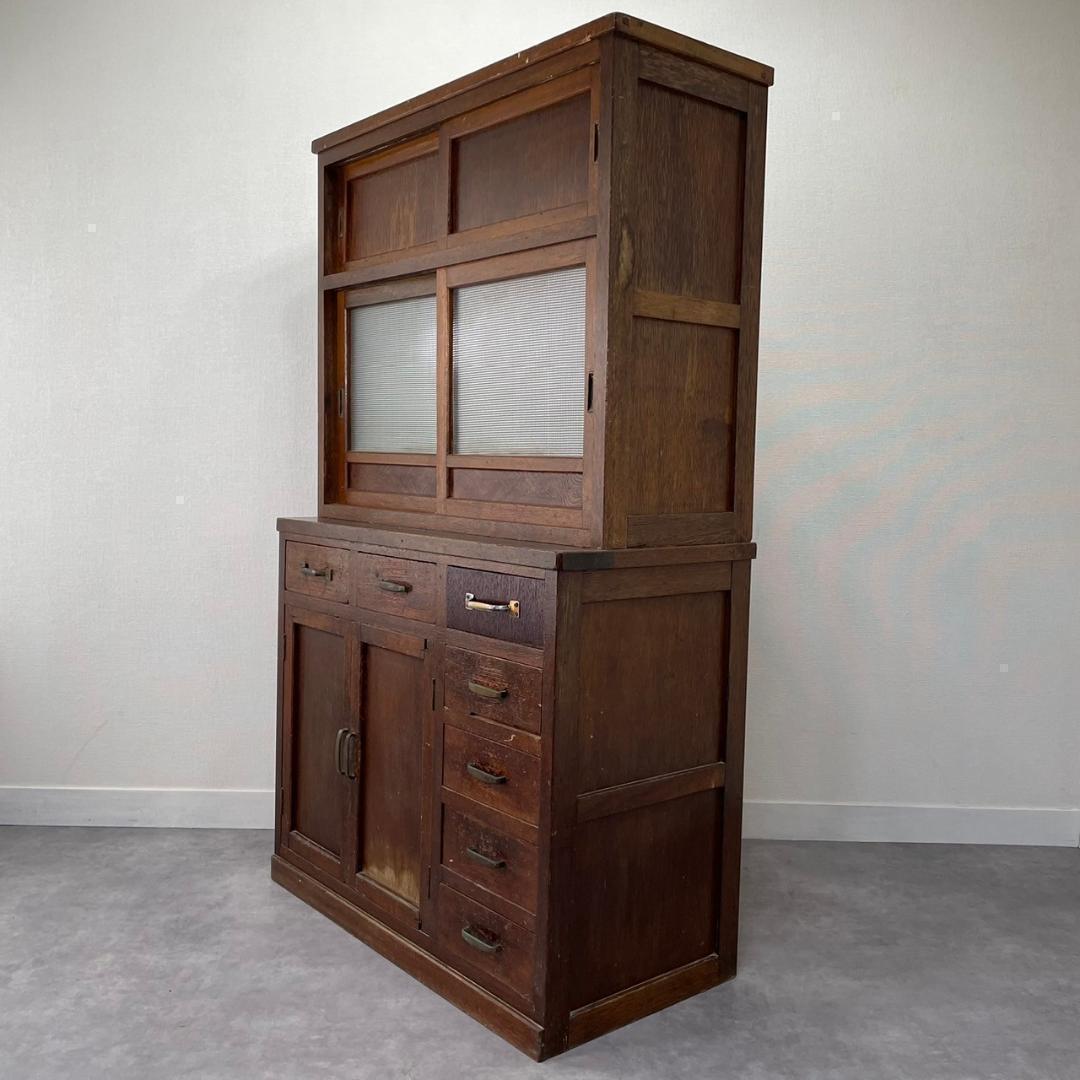 ヴィンテージ チェッカーガラス 食器棚 水屋箪笥 飾り棚 収納棚 和家具