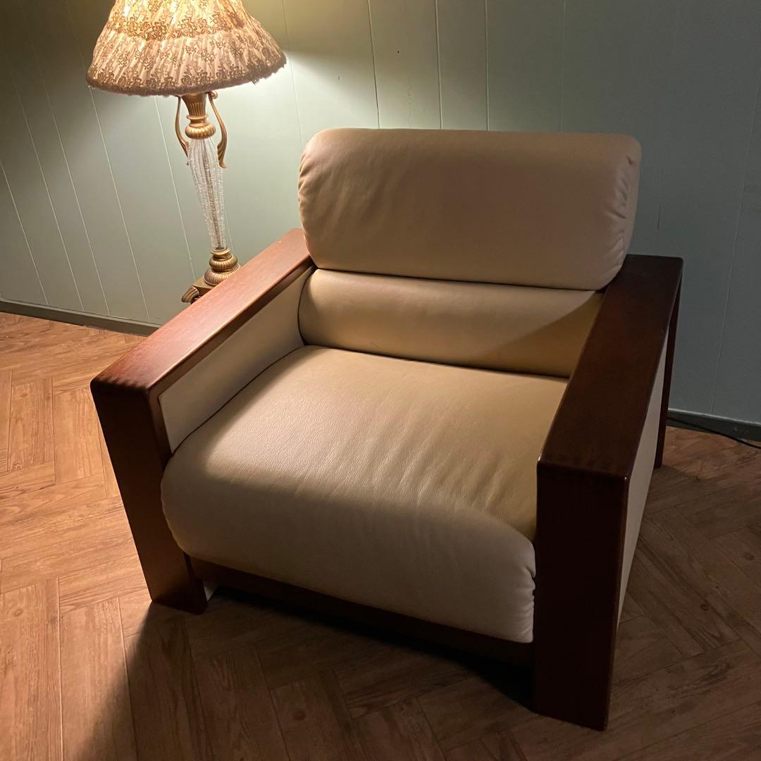 ♦︎maruni ♦︎マルニ 1人掛け　昭和レトロ ソファー 革　木目調　B