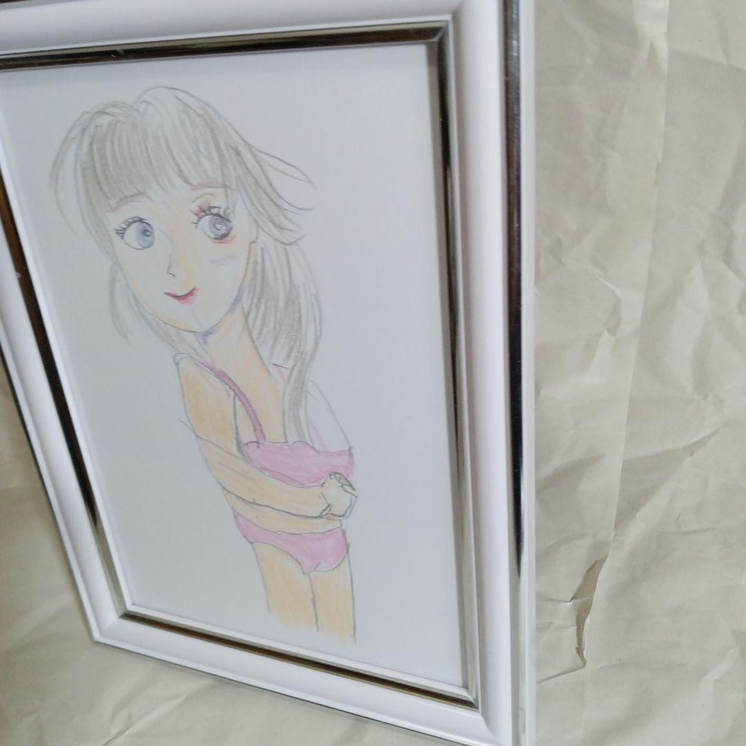 ピンク水着の美人キャラクター色鉛筆画