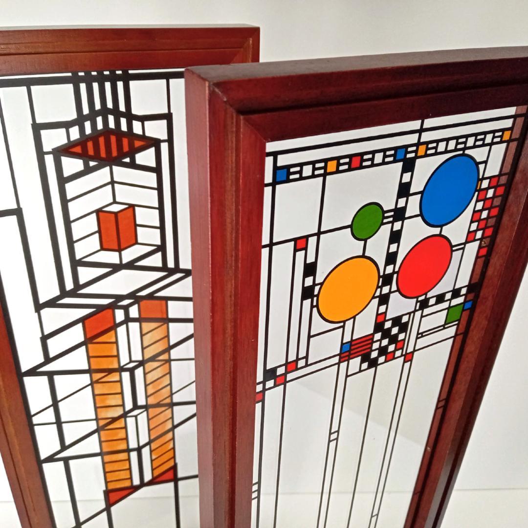 フランクロイドライト ステンドグラス木製枠2枚パレード＆ロビー邸