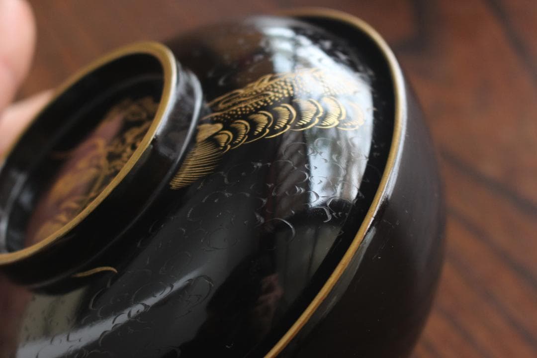 時代逸品！時代金縁黒漆に極上龍富士山沈金の映えるお椀2点（検輪島塗沈金椀懐石椀