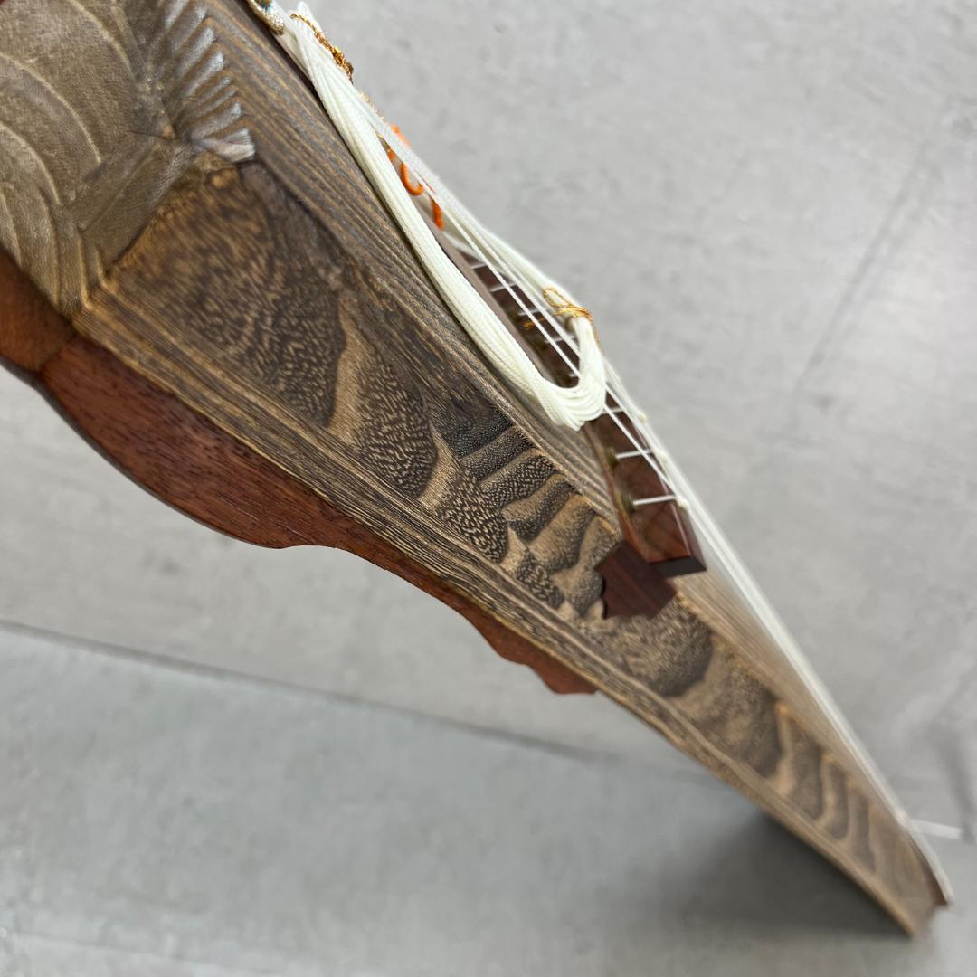 短琴 約5尺 13弦 筝 すだれ彫り オレンジ装飾 琴柱 爪 和楽器