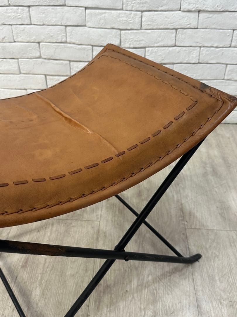 B ⭐️【全国送料無料】インダストリアル　レザー　アイアン　スツール　折りたたみ