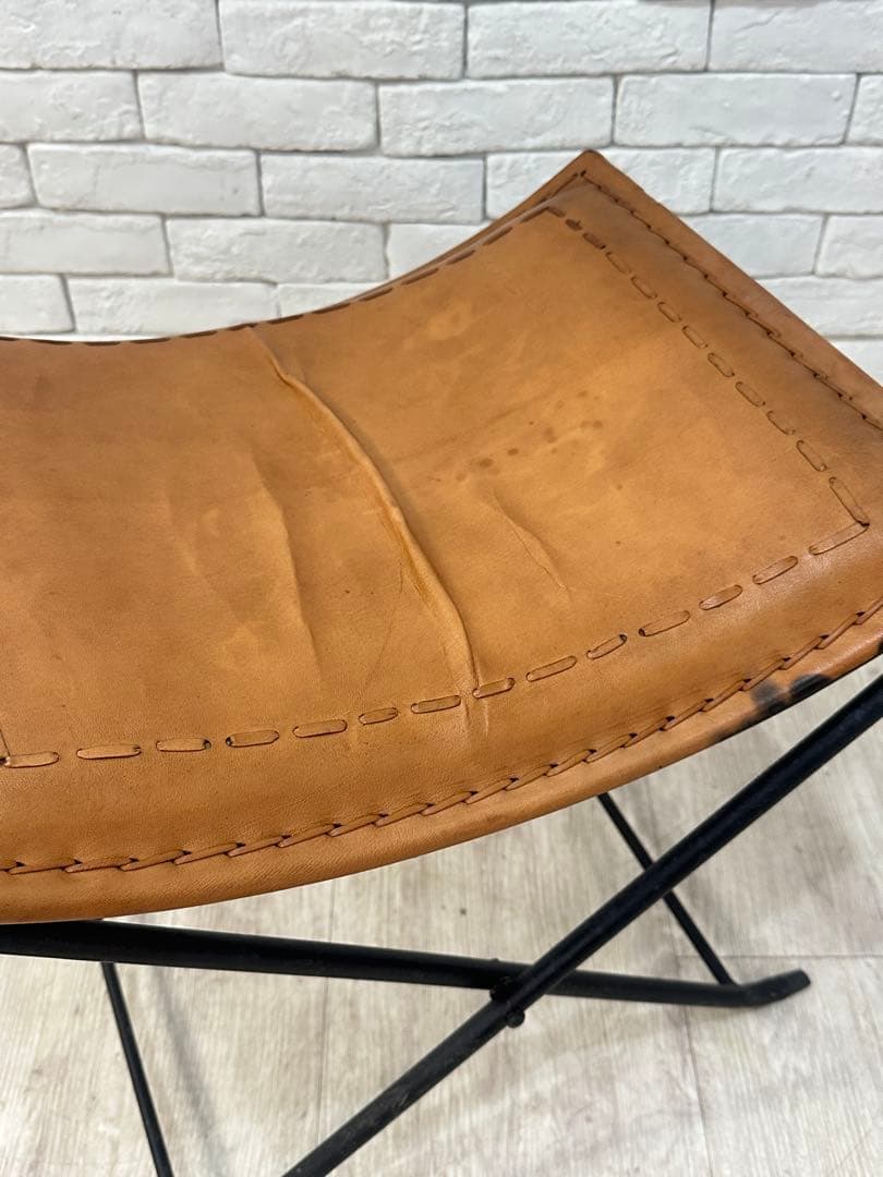 B ⭐️【全国送料無料】インダストリアル　レザー　アイアン　スツール　折りたたみ