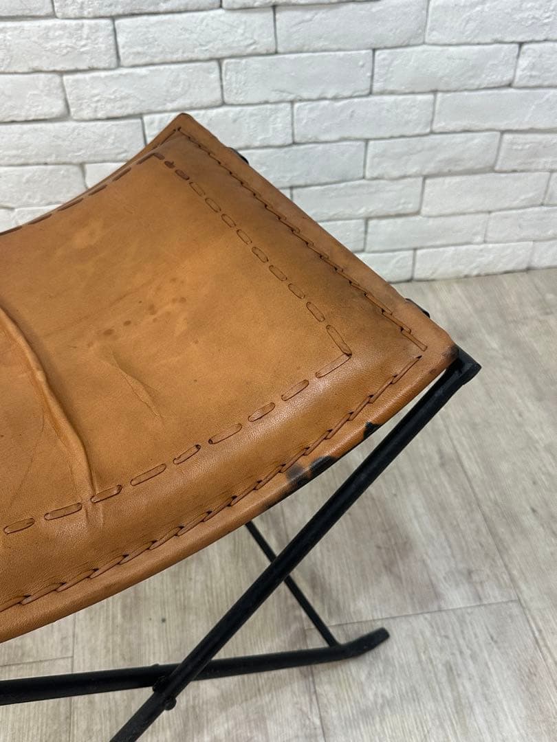 B ⭐️【全国送料無料】インダストリアル　レザー　アイアン　スツール　折りたたみ