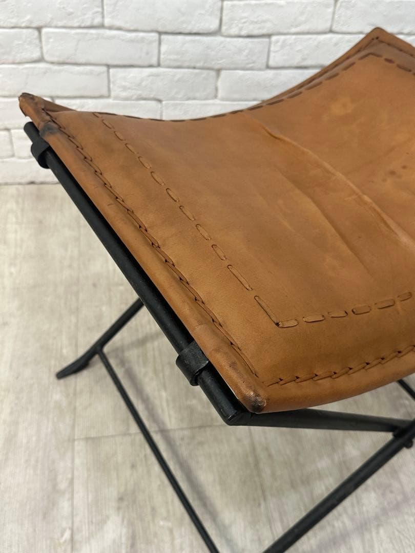 B ⭐️【全国送料無料】インダストリアル　レザー　アイアン　スツール　折りたたみ