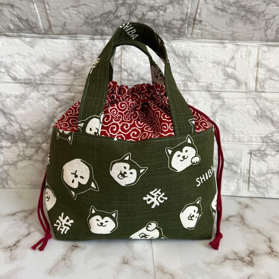 ハンドメイド☆持ち手付きお弁当袋 巾着袋☆柴犬柄 唐草模様 - メルカリ