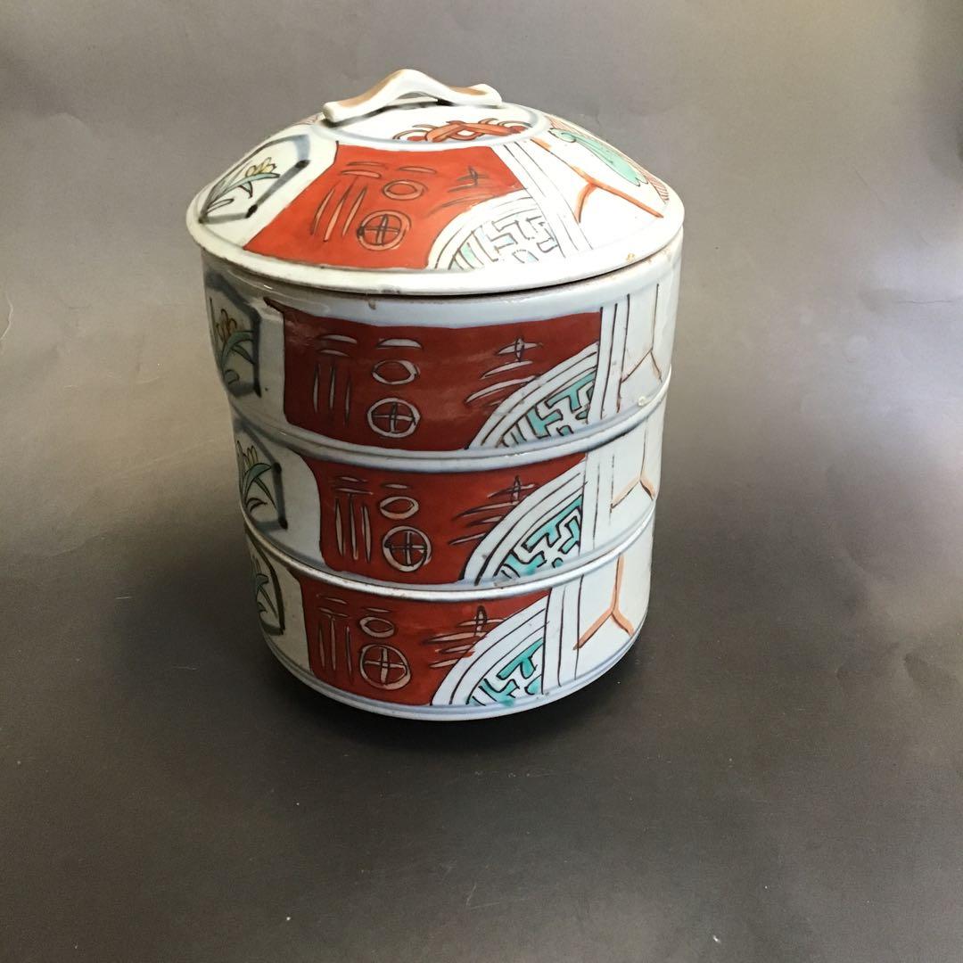 赤絵　時代物三段古陶器重箱　古美術　正月