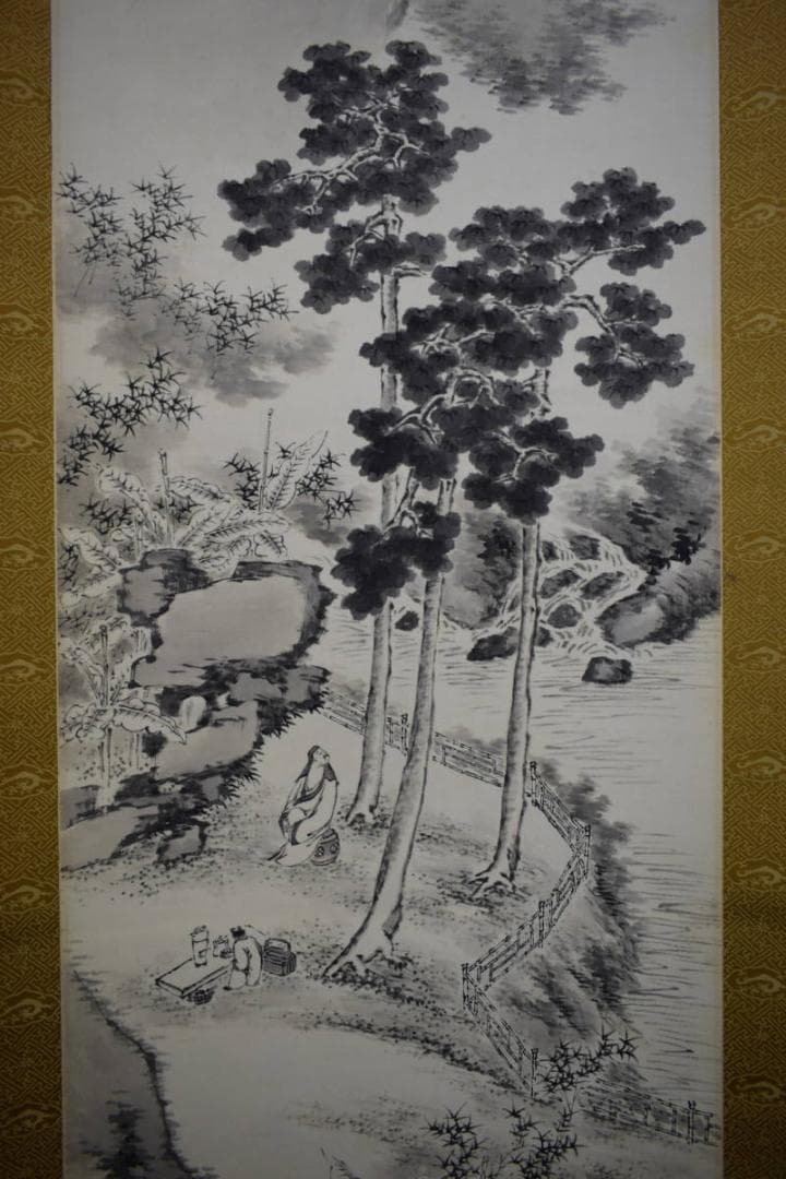 真作/河村虹外/山水人物図/桐極二重箱付/布袋屋掛軸HH-31