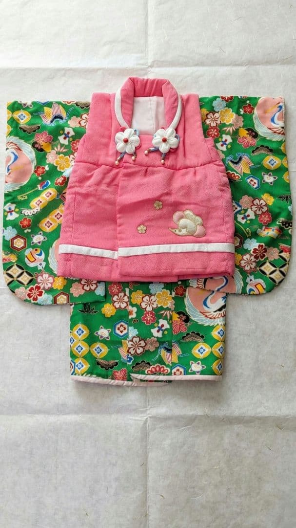 3歳　ぷちぷり緑鶴　七五三　被布セット