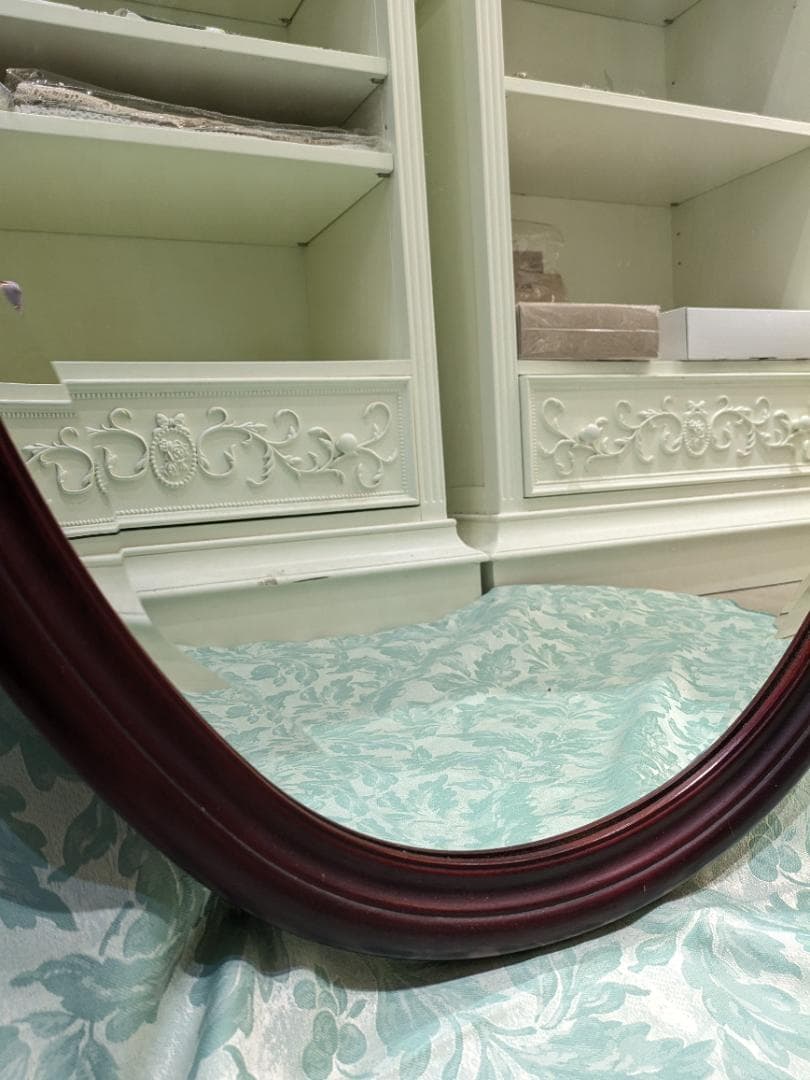 i9【極美品】 オーバルミラー カットガラス 壁掛け 木製 ミッドセンチュリー