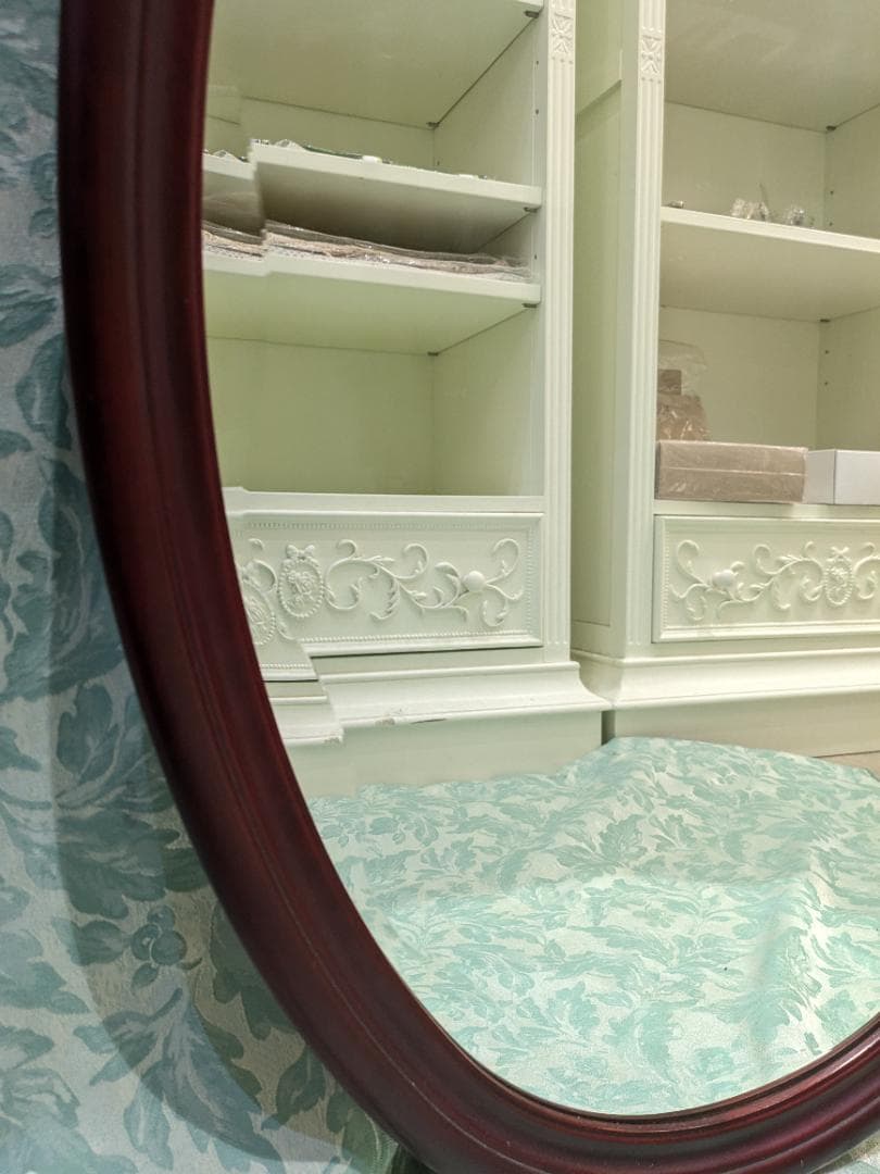 i9【極美品】 オーバルミラー カットガラス 壁掛け 木製 ミッドセンチュリー