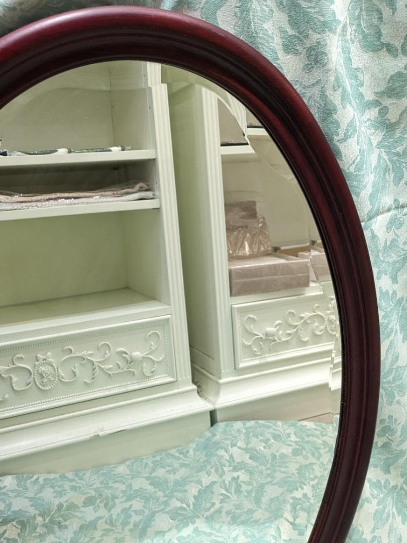 i9【極美品】 オーバルミラー カットガラス 壁掛け 木製 ミッドセンチュリー