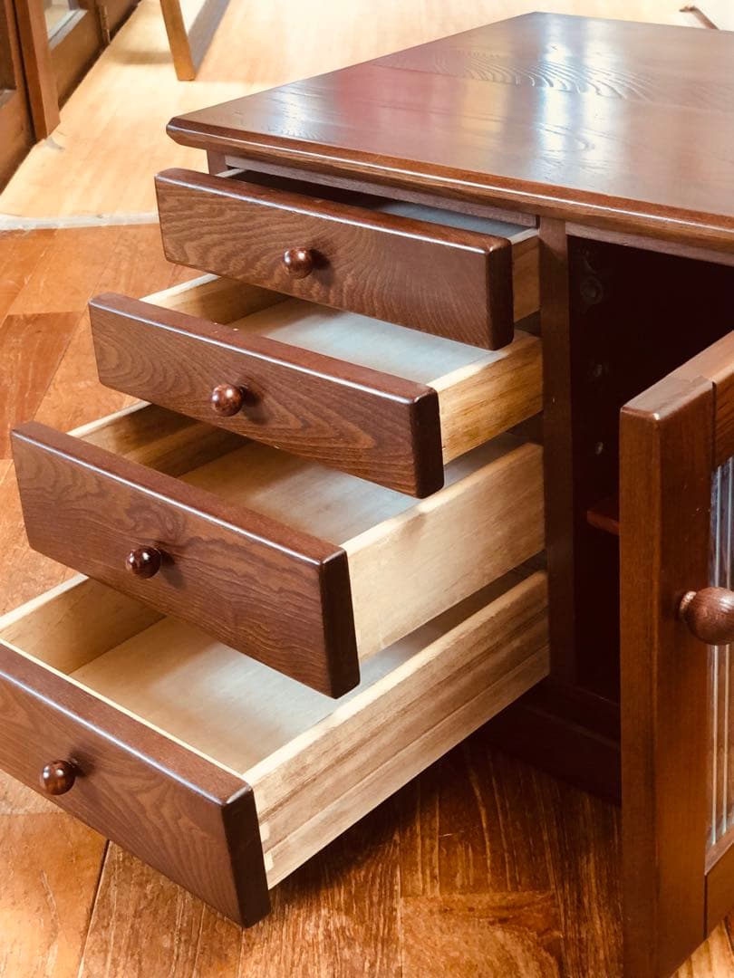 けやき 欅 引き出し4杯 レトロ ガラス 木製収納 シェルフ 民藝家具