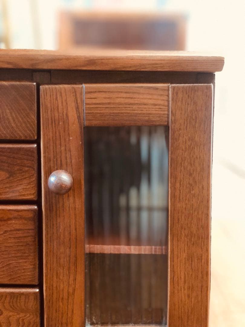 けやき 欅 引き出し4杯 レトロ ガラス 木製収納 シェルフ 民藝家具