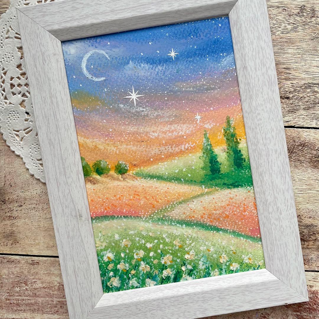 オイルパステル画 アクリル画 宵の月と優しい色の風景 風景画 - メルカリ