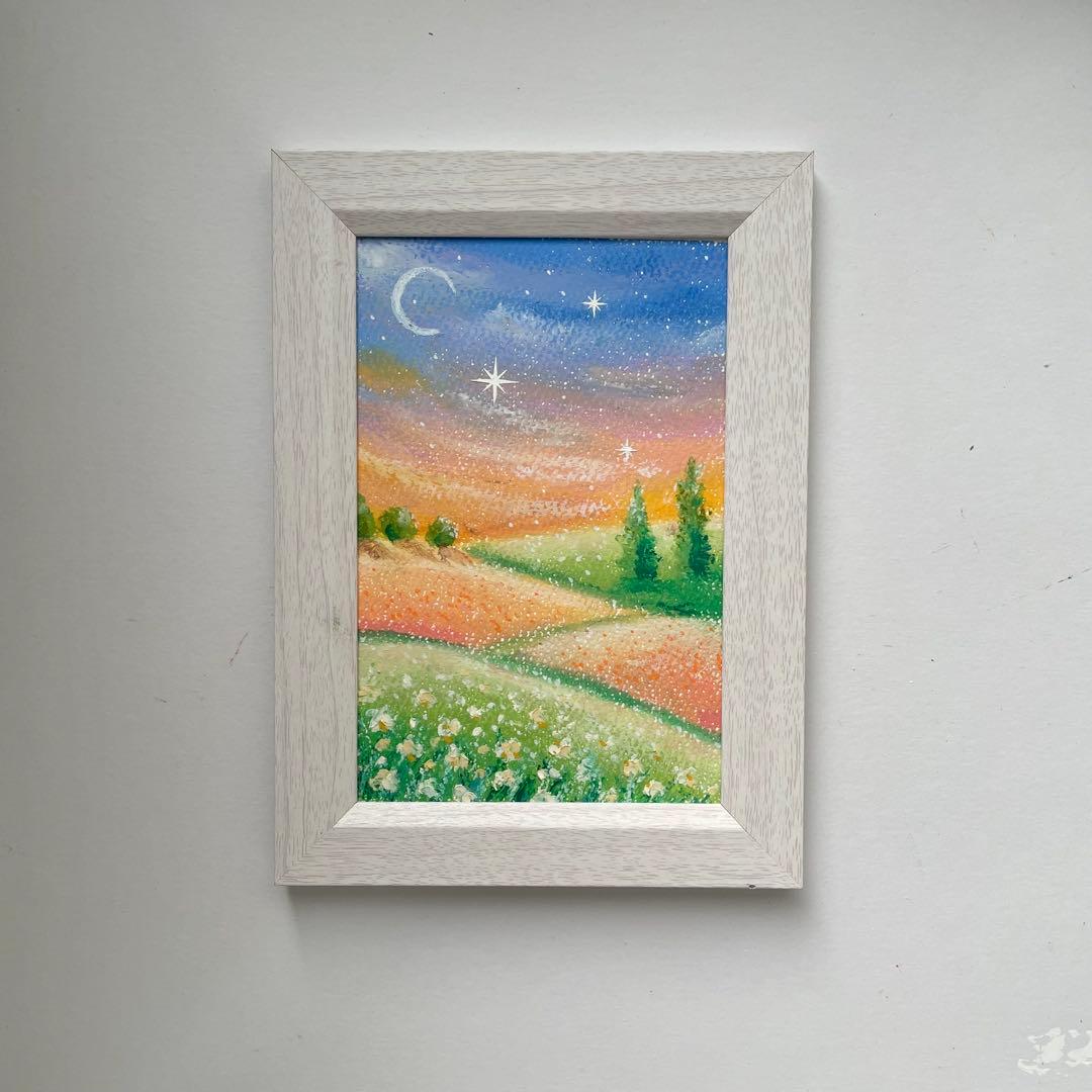 オイルパステル画 アクリル画 宵の月と優しい色の風景 風景画 - メルカリ