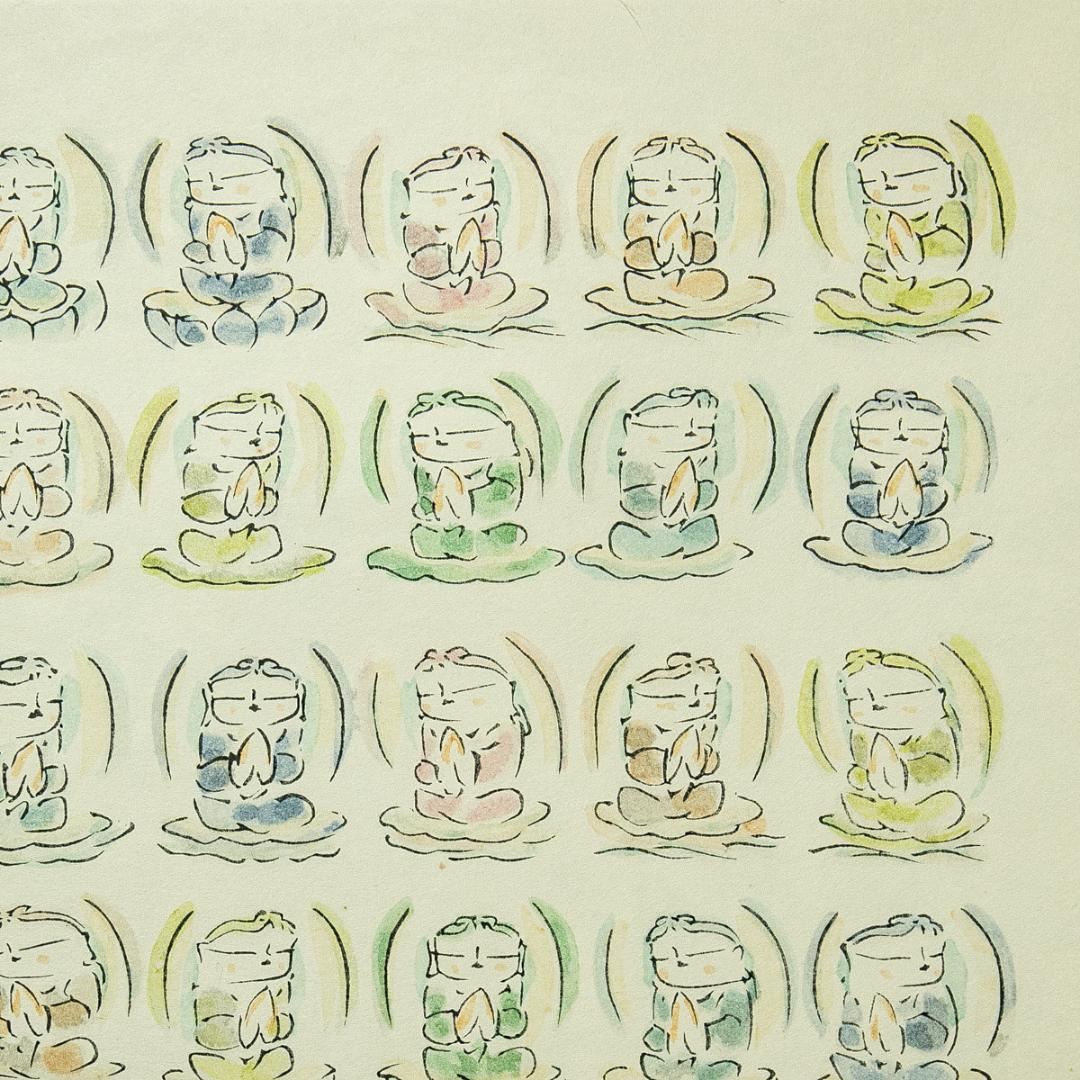 掛軸-1749　佐久間顕一　百体合掌童子　手彩木版画　共箱　太巻　限定九百五十部