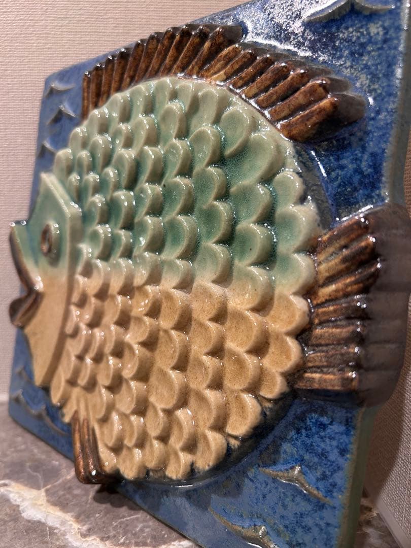 \"美品・ヴィンテージ\" 陶板 「ウィリーフィッシャー」ブルーの魚20cm EGO