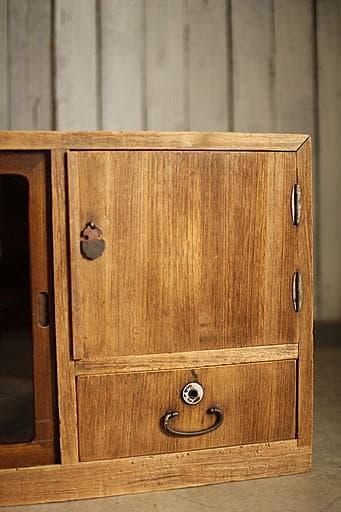 古い木製のガラス戸棚×ミラー付き戸棚×木製小引き出し　古家具　古民家　時代家具