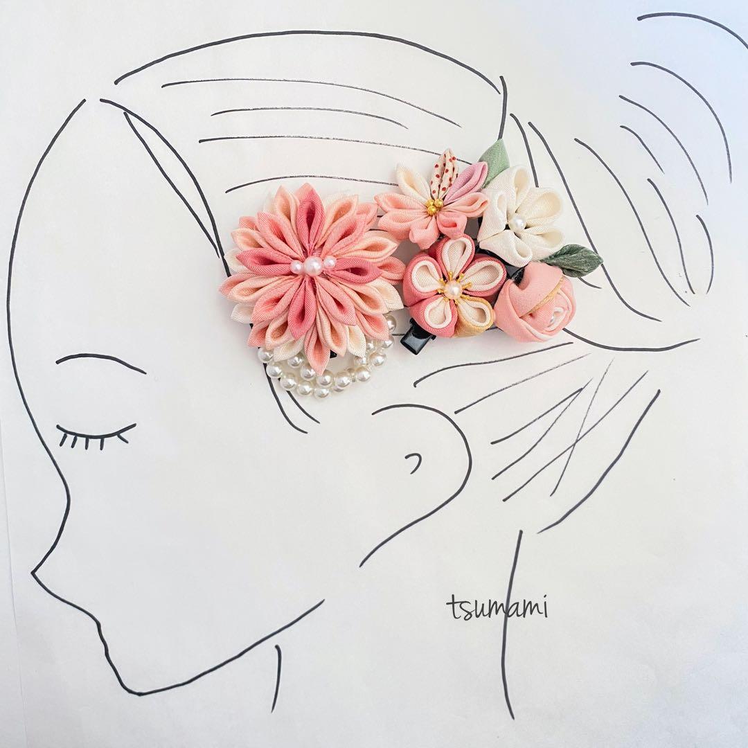 127つまみ細工　髪飾り　正絹　　ピンク　七五三　3歳　7歳ハンドメイド