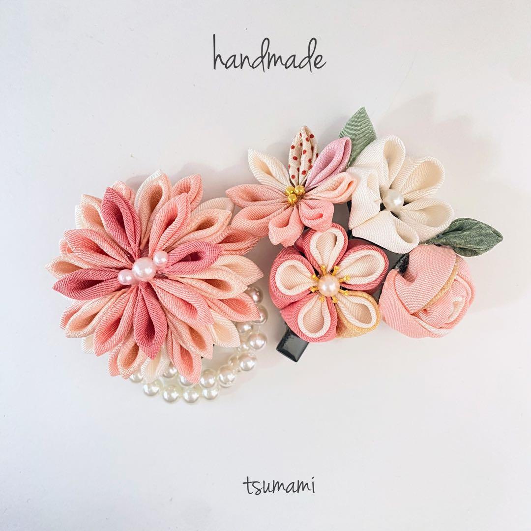 127つまみ細工　髪飾り　正絹　　ピンク　七五三　3歳　7歳ハンドメイド