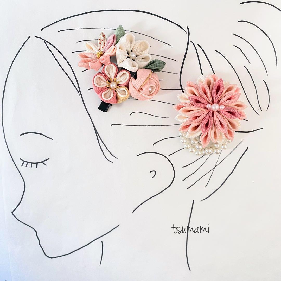 127つまみ細工　髪飾り　正絹　　ピンク　七五三　3歳　7歳ハンドメイド