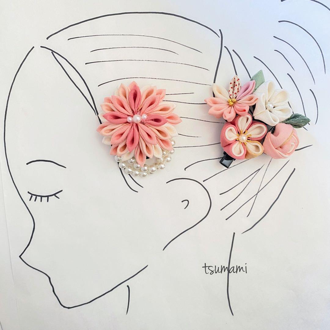 127つまみ細工　髪飾り　正絹　　ピンク　七五三　3歳　7歳ハンドメイド